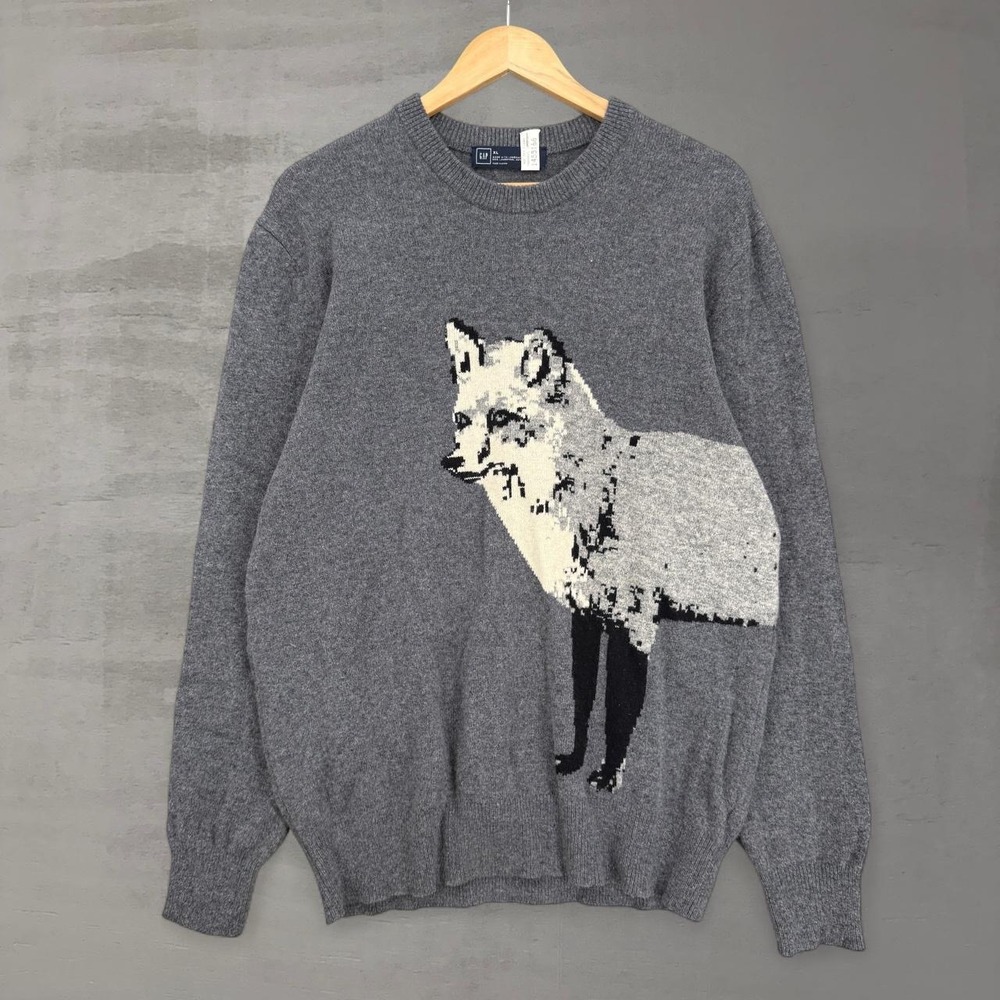 RARE Gap Sweater Gray Fox Intarsia Knit Lambswool Blend Crewneck XL